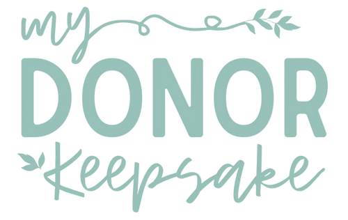 Text 'my DONOR Keepsake' in a decorative font on a white background